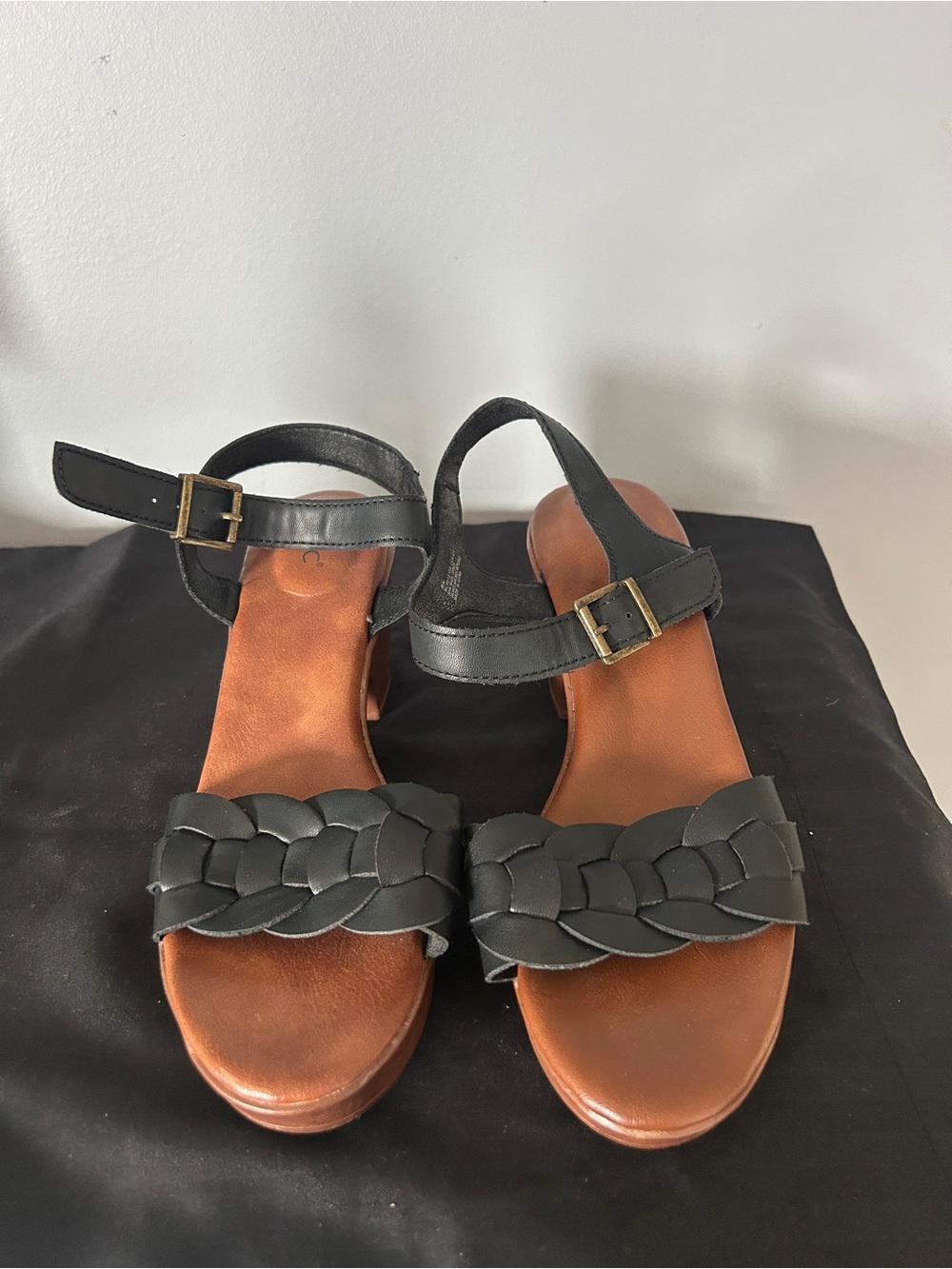 Black Braided Leather Ankle-Strap Sandals - Women's